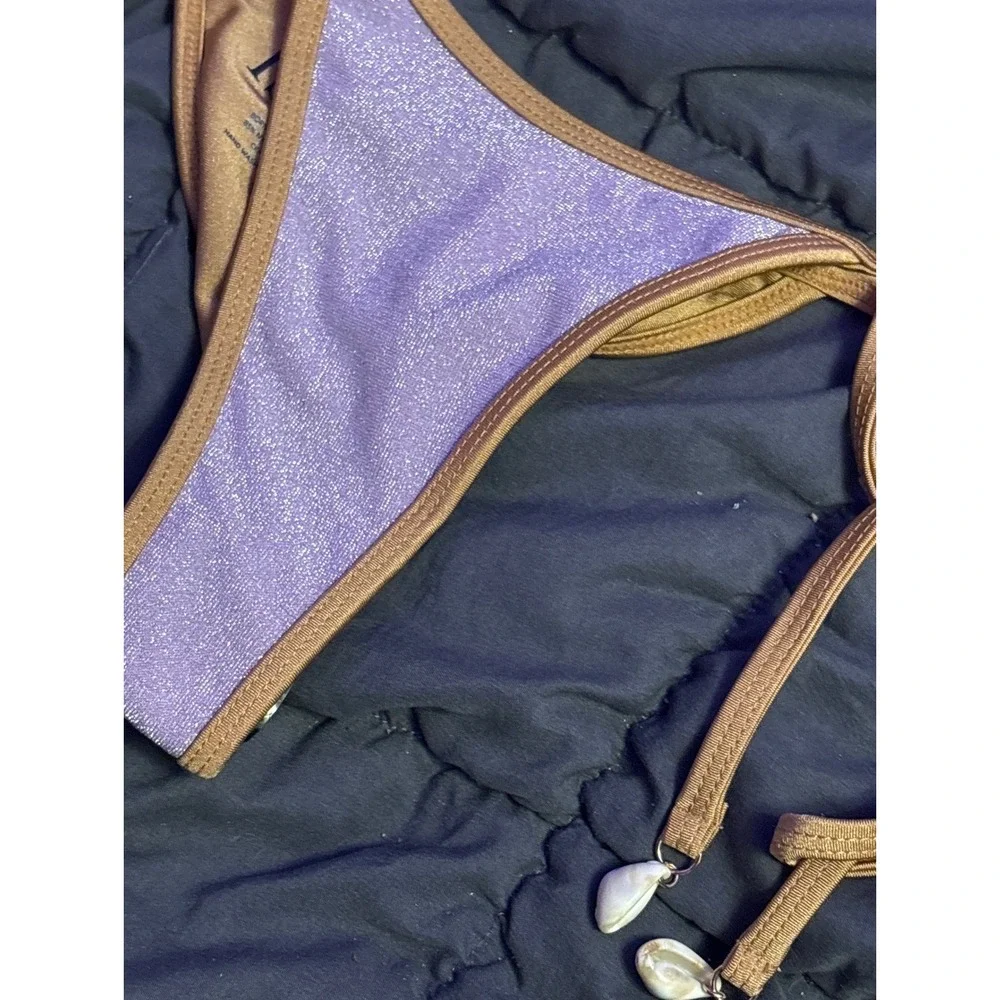 NEW ISME Women's Purple Metallic Gold Trim Tie-Side Brazilian Bikini Bottom, S